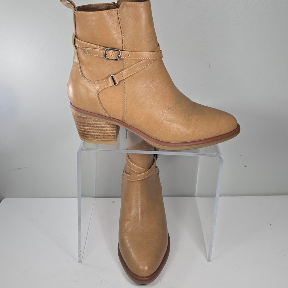 MIA Danni Tan Camel Buckle Strap Ankle Boots Block Heel MH2790MM Size 6.5M